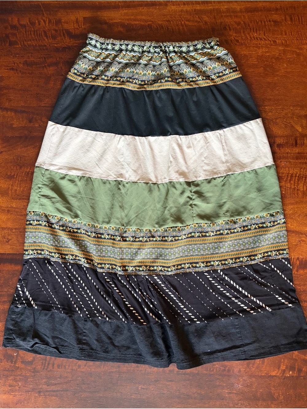 Handmade Upcycled Striped Tiered Maxi Skirt in Black, Green, and Cream Sz Medium